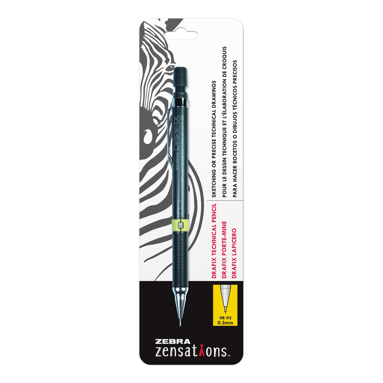 Zebra Zensations Drafix Technical Pencil, .3mm Black, Carded, Peggable
